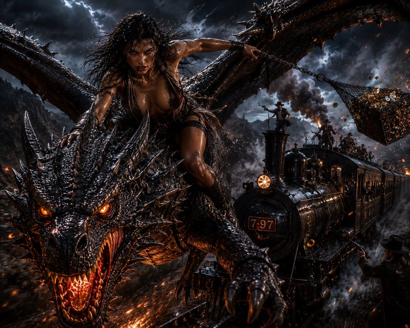 Fierce female warrior rides a snarling spiked dragon beside a chaotic old west steam train heist ...