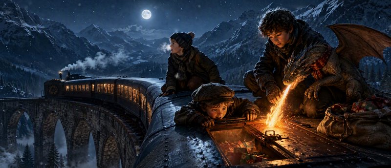 Three boys and a small dragon on a steam train roof crossing a mountain viaduct on a snowy full m...