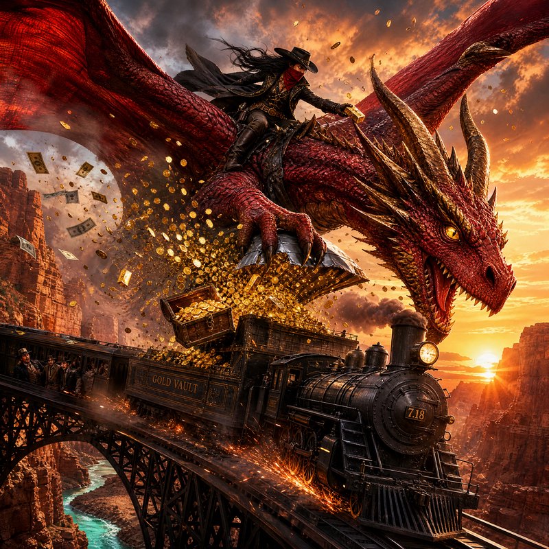 Masked western outlaw rides a giant red dragon robbing a gold vault steam train crossing a canyon...