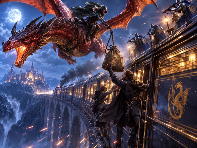 Epic fantasy heist: hooded dragon rider passes a treasure sack to thieves boarding a steam train ...