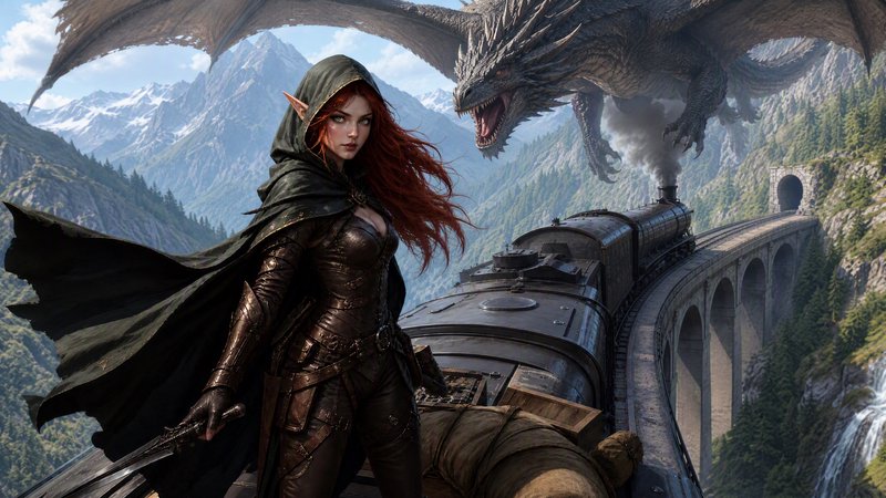 Hooded red-haired elven rogue stands atop a steam train as a menacing grey dragon flies over a mo...