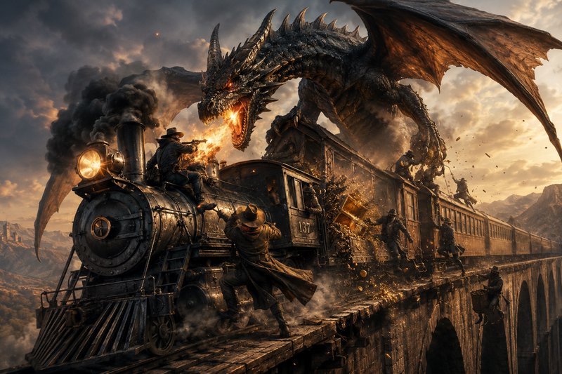 Wild west cowboys fight a fire-breathing dragon attacking a vintage steam train on a stone railway bridge at golden sunset.