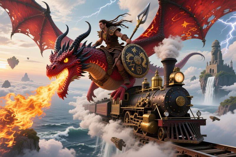 Armored Norse warrior rides a fire-breathing red dragon beside a steampunk flying train above flo...