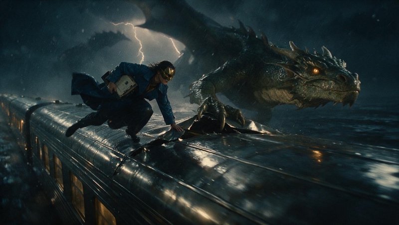 Masked character crouches on speeding train roof confronting a giant scaly dragon during a storm ...