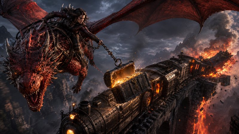 Fierce female warrior rides a large red dragon stealing a gold treasure chest from a burning derailed steam train on a mou...