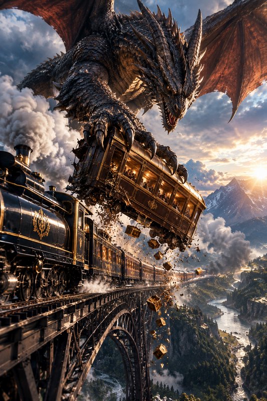 Massive spiked fantasy dragon snatches a luxury steam train car from a mountain railway bridge at...