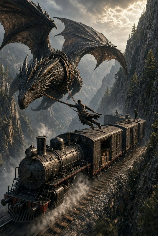 Man leaping from moving steam train roof to hold reins of giant armored flying dragon above rocky...