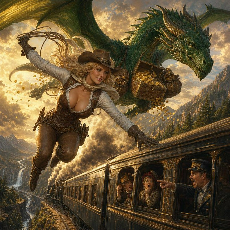 Daring fantasy cowgirl leaping from a green treasure-carrying dragon to an ornate steam train abo...