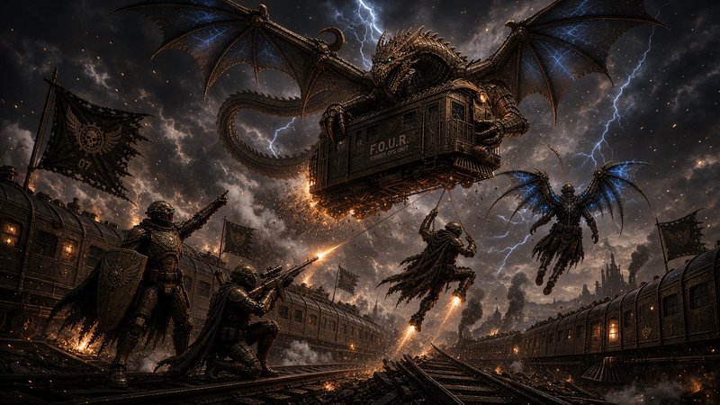 Epic steampunk battle: mechanical dragon carries a train car as armored combatants fight on storm...