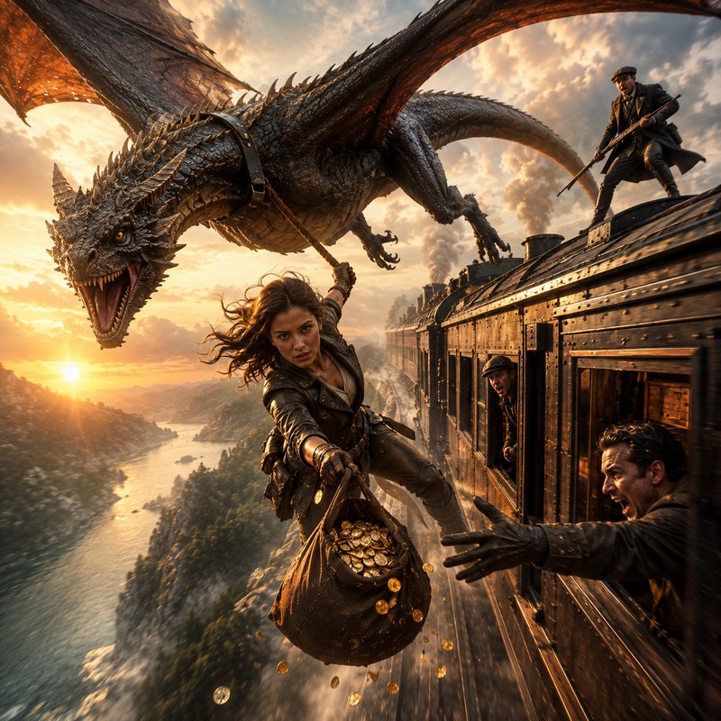Daring fantasy heist scene: woman hangs from a dragon holding a sack of gold next to a moving ste...