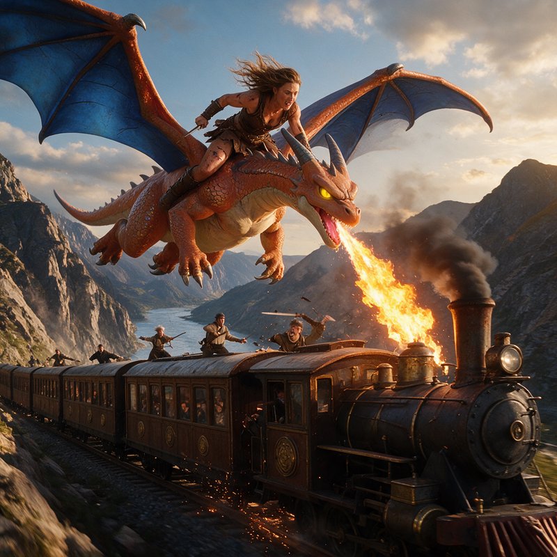 Female warrior rides fire-breathing orange dragon attacking a moving steam train during a mountai...