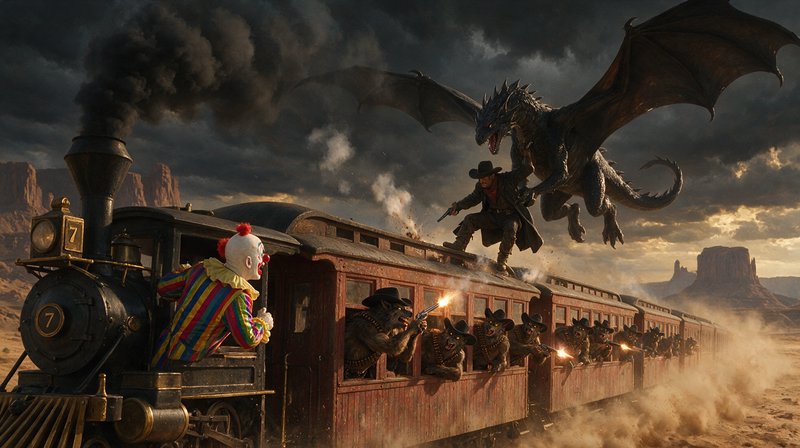Surreal wild west fantasy scene: steam train with clown engineer, werewolf gunmen, and cowboy bat...