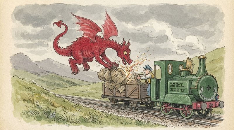 Whimsical watercolor illustration of a red winged dragon stealing cargo from a vintage steam trai...