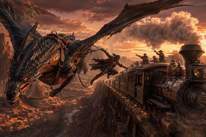 Saddled glowing-eyed fantasy dragon flies beside a steam train as a cowboy leaps mid-air between ...