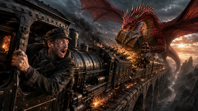 Terrified steam train engineer watches a giant red dragon steal treasure from his train crossing ...