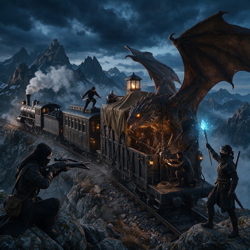 Dark fantasy action scene: Steam train carrying a chained dragon is ambushed on a cliffside mount...