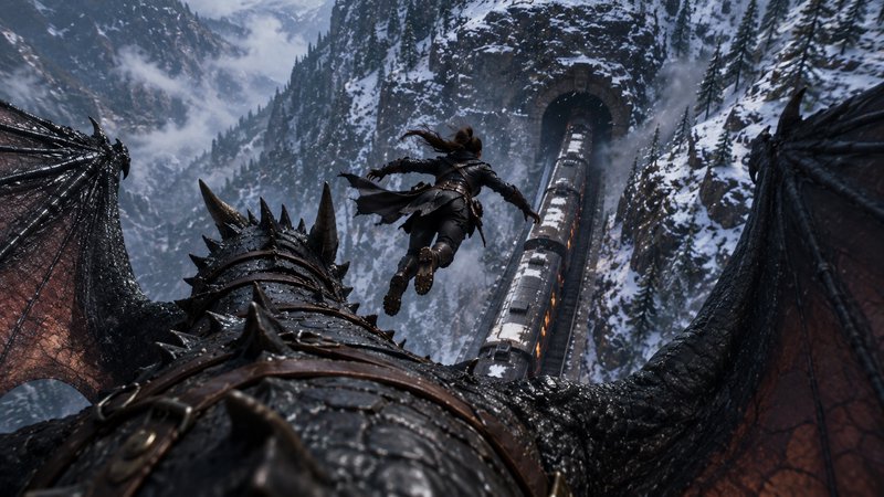 Cinematic fantasy shot of a warrior leaping from an armored dragon toward a snow-covered train ex...