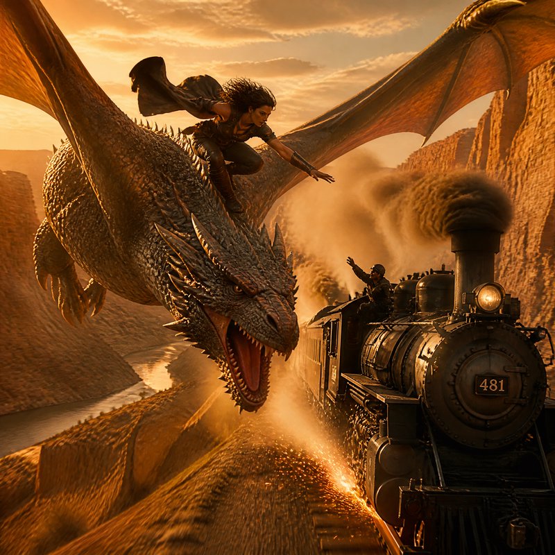 Female dragon rider reaches toward a speeding steam locomotive as a massive flying dragon soars o...