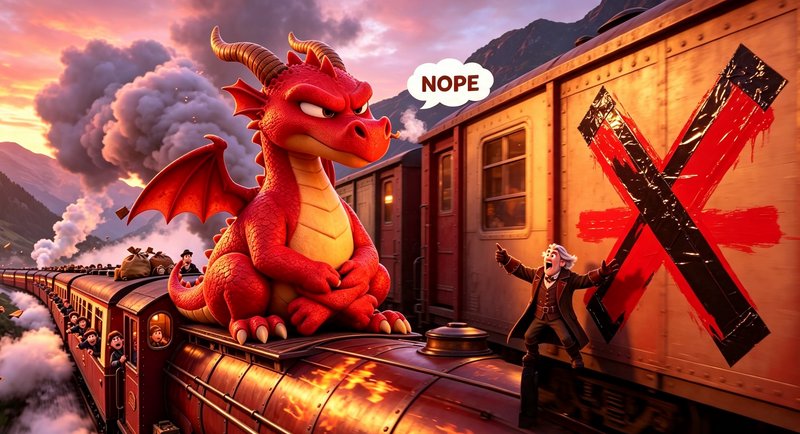Annoyed red cartoon dragon sits on a steam train with "NOPE" speech bubble, as a shocked conducto...