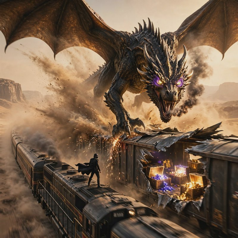 Massive spiked fantasy dragon attacks a treasure steam train as a caped hero stands on the train ...