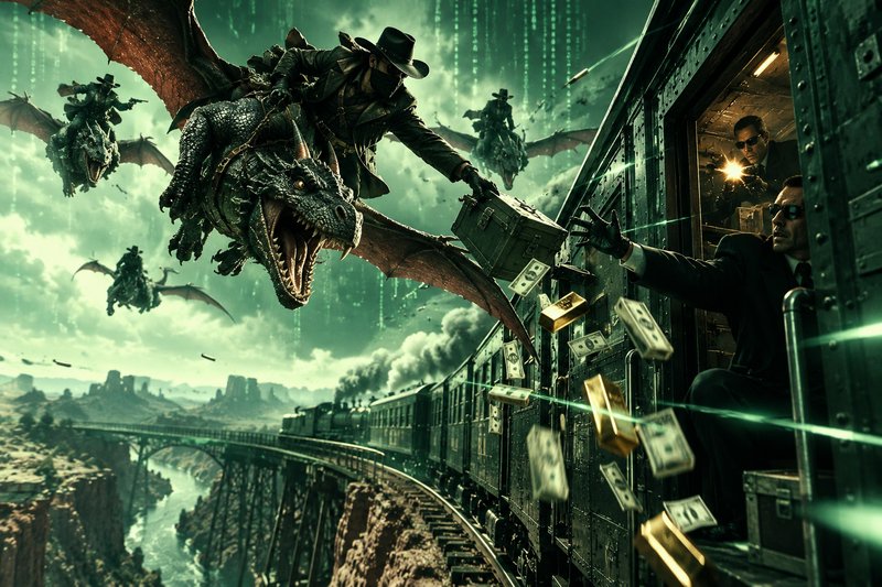 Masked cowboy dragon riders rob a moving steam train, trading fire with suited security guarding ...