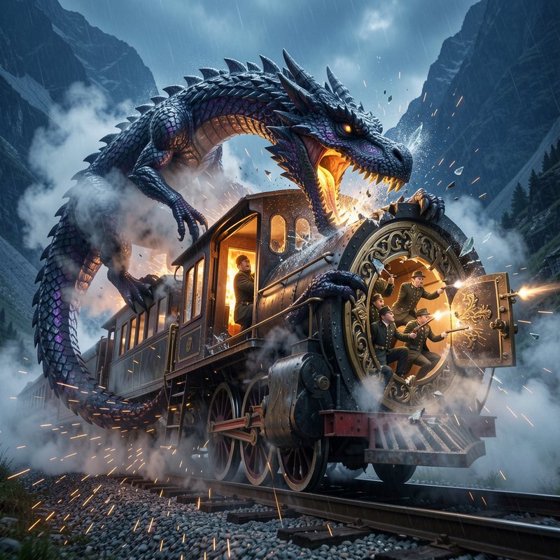 Menacing dark scaled dragon attacks an ornate vintage steam train, as train passengers defend the...