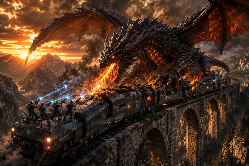 Giant spiked fire-breathing dragon attacks an armored military train on a stone mountain viaduct ...