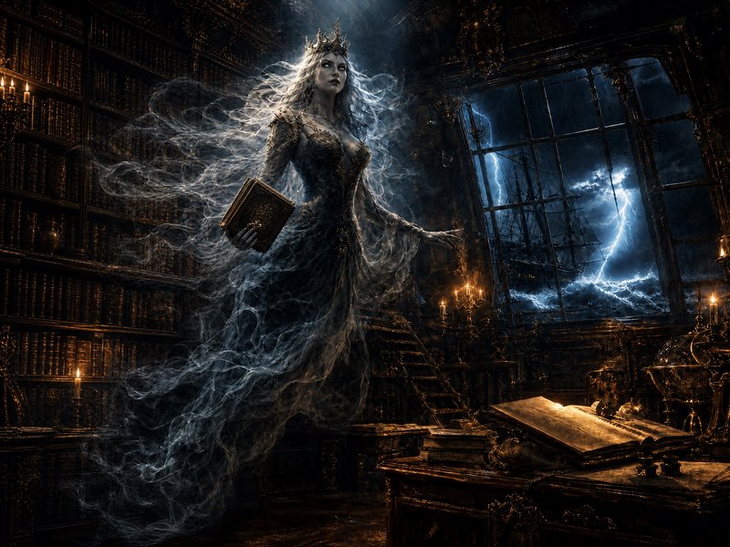 Ethereal ghost queen wearing a crown holds a grimoire, floating in an ornate ship library as ligh...