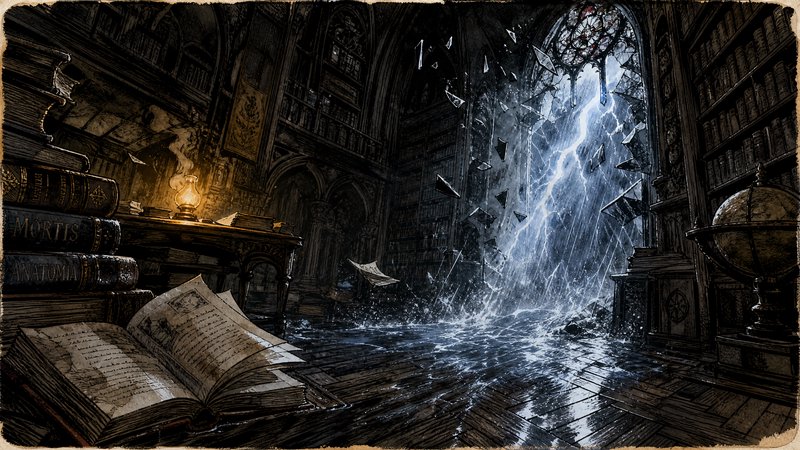 Lightning storm crashes through a shattered arched window into a flooded gothic wizard library, s...