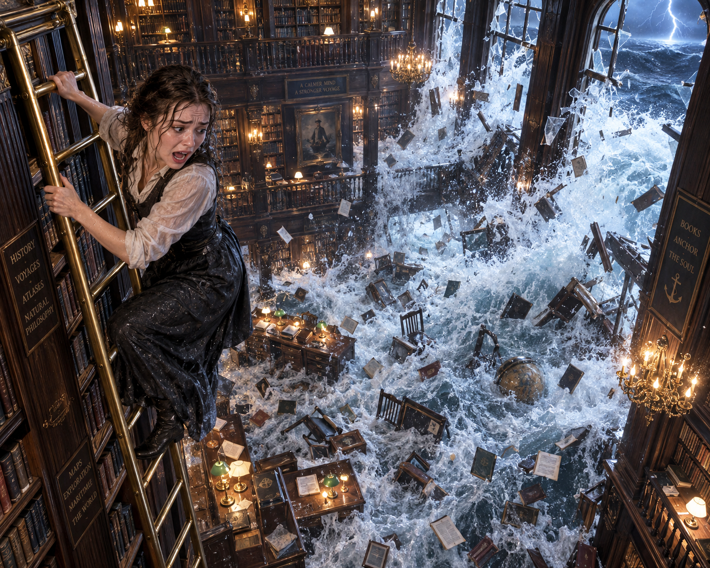 [Terrified woman clings to a brass library ladder as surging flood waves crash through a vintage wood library during a thu...