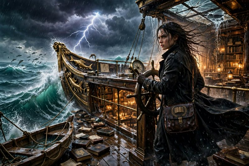 Determined female captain steering an ornate library ship through a stormy, lightning-lit churnin...