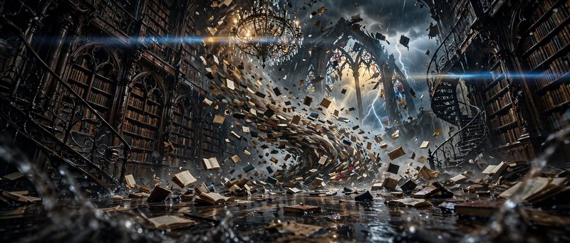 Gothic flooded library with swirling flying books, storm lightning bursts through a broken arched...