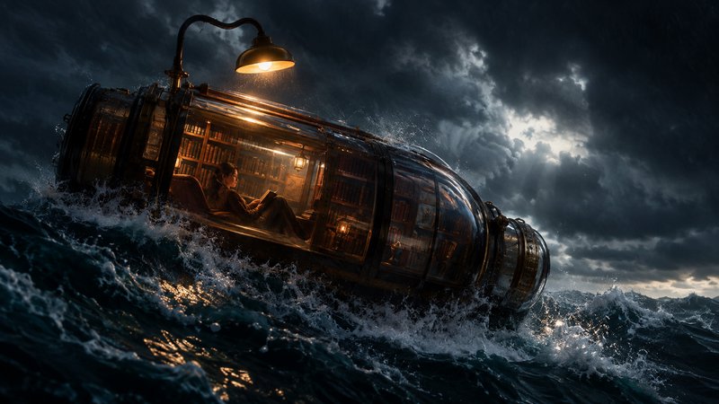 Steampunk glass library pod cuts through stormy ocean waves, a person reading calmly inside its w...