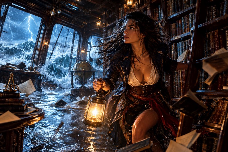 Determined female pirate holds a lantern navigating a flooded ship library during a violent thund...