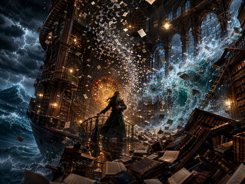 Woman stands in a storm-battered floating library ship as crashing waves send book pages flying a...