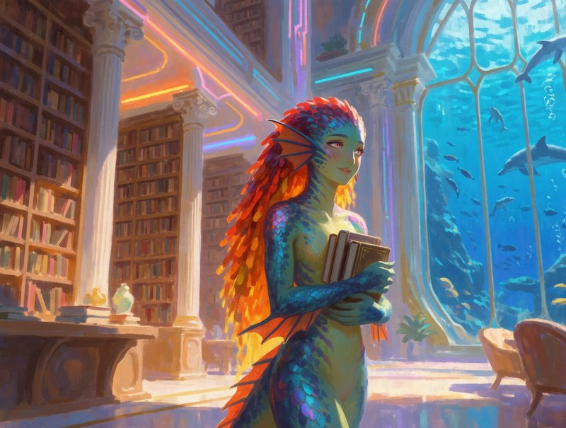 Iridescent scaled merfolk librarian holds books inside a grand sunlit underwater library with oce...