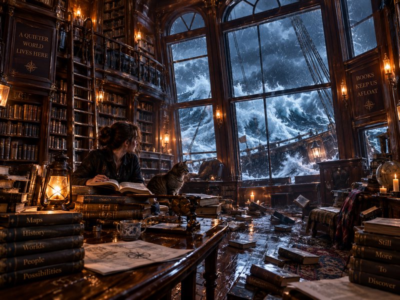 Woman and tabby cat sit in a wood-paneled ship's library watching storm waves crash against tall ...