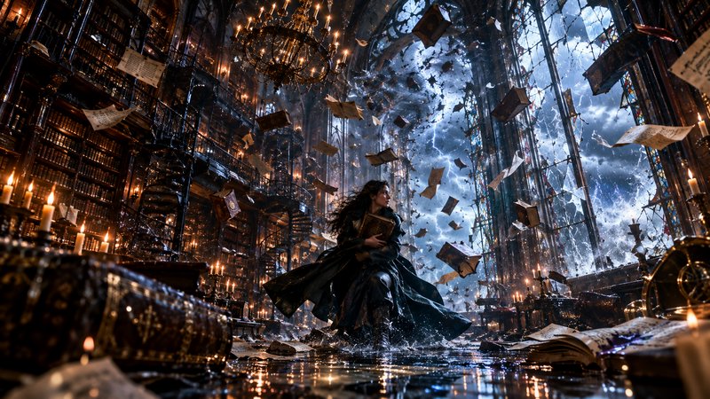 Mage clutches a grimoire as books fly through a storm-battered flooded gothic library, lightning ...