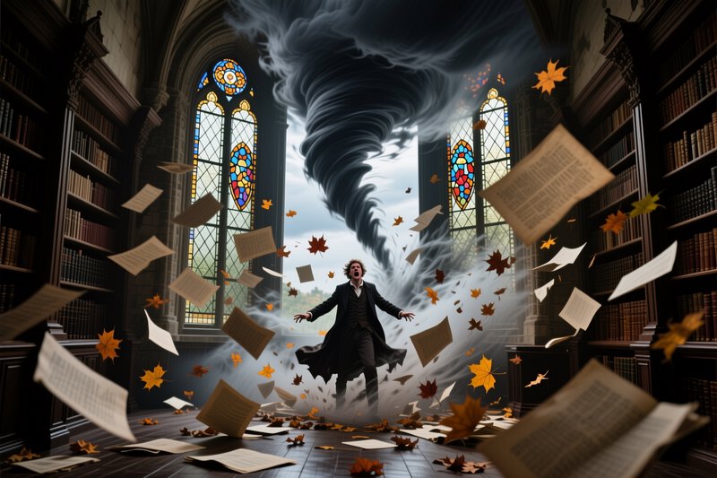 Shouting victorian scholar stands in a gothic library as a tornado blows loose pages and autumn l...