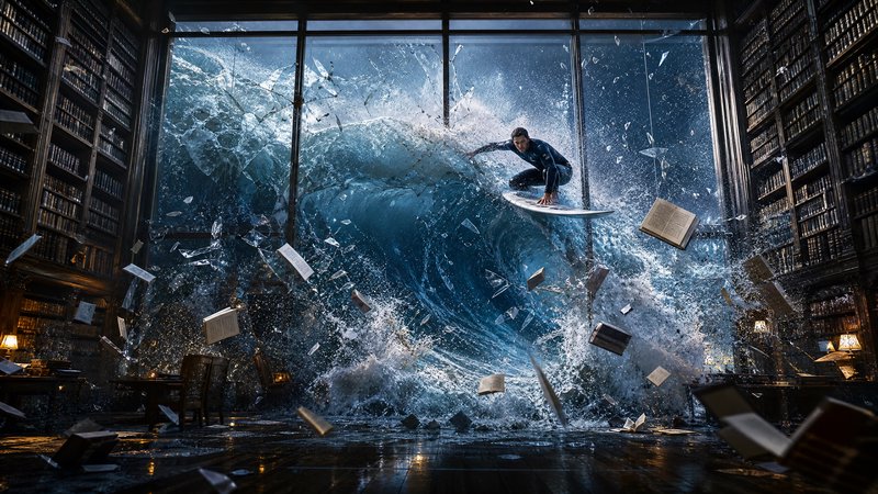 Surfer rides a giant curling ocean wave bursting through a library's floor-to-ceiling windows, su...