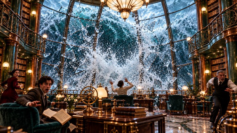 Shocked people in an ornate steampunk library react as a massive ocean wave crashes through a sha...