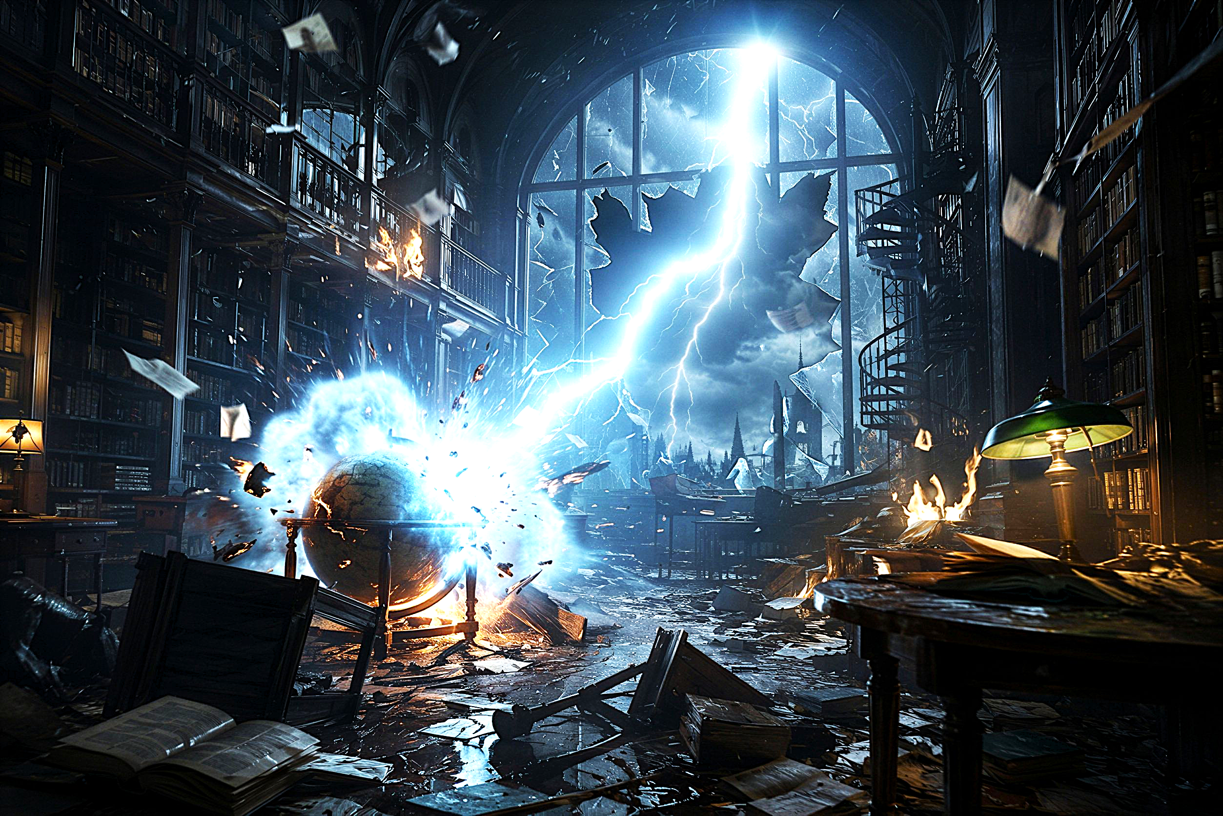 [Magical blue lightning erupts from an antique globe inside a wrecked gothic library, storm visible through a shattered ar...