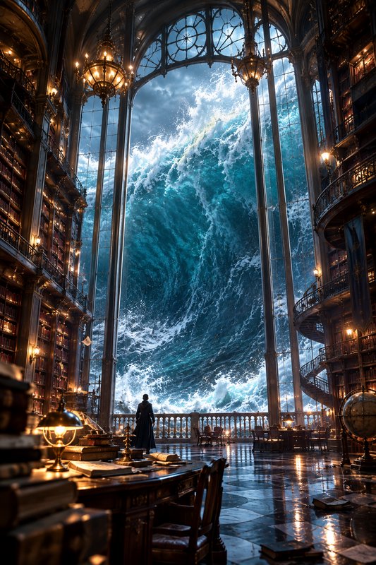Silhouetted figure stands in an ornate gothic library watching a massive turquoise ocean wave out...