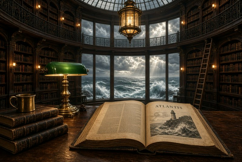 Open antique Atlantis book resting on a desk, stormy ocean view from a grand domed vintage circul...