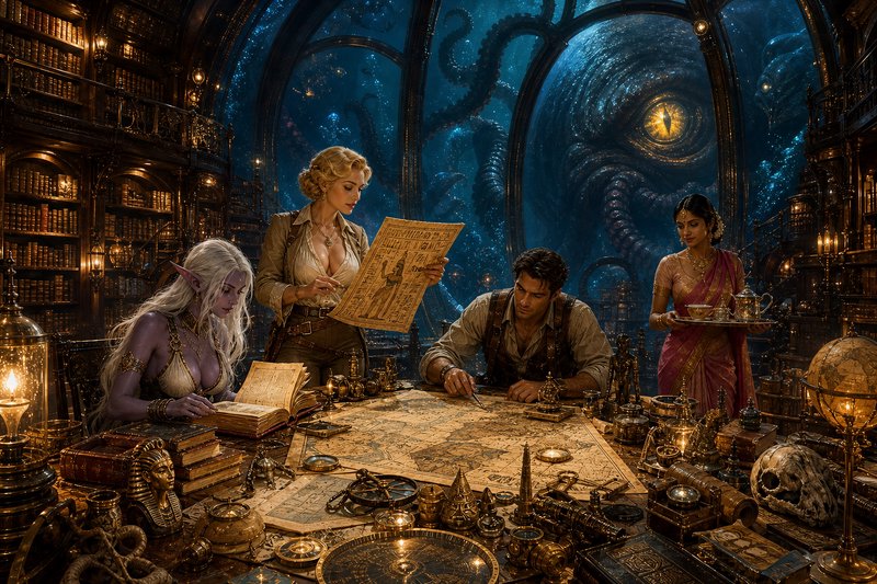 Diverse fantasy adventurers plot an expedition on a map in an underwater library, as a giant krak...