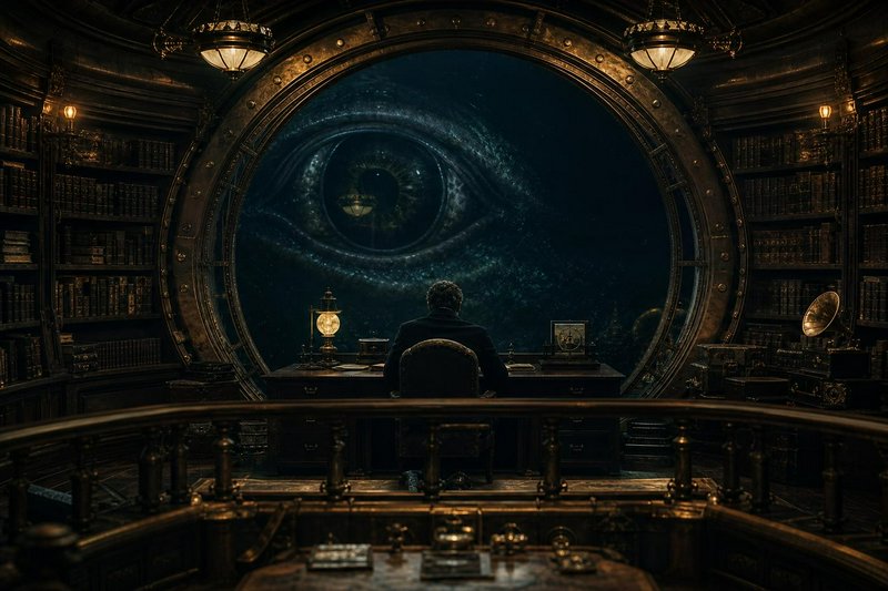 Back view of a man at a vintage steampunk desk, a giant glowing cosmic eye visible through a larg...