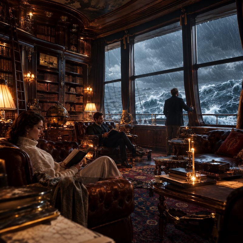 Ornate vintage steamship library interior, people reading, one man gazes out at stormy raging oce...