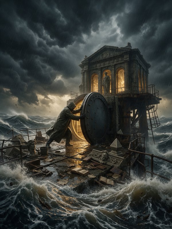 Hooded figure pushes a massive vault door on a storm-battered ocean platform, beside a glowing cl...