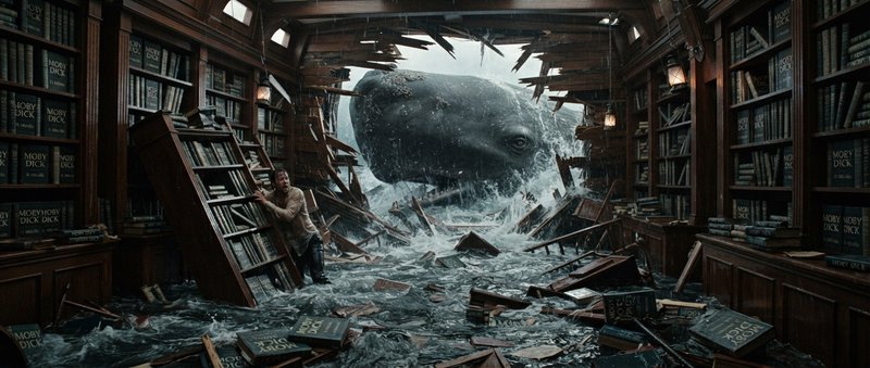 Giant sperm whale bursts through a flooding ship library ceiling as a panicked man braces against...