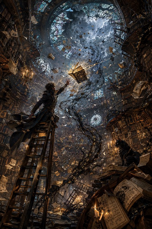 Wizard perched on a ladder reaches for a glowing floating grimoire in a chaotic magical gothic li...